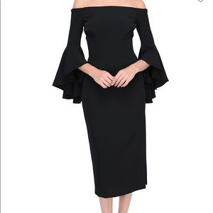 Milly Blk Italian Cady Selena Off-Shoulder Trumpet Sleeve Dress Size 4